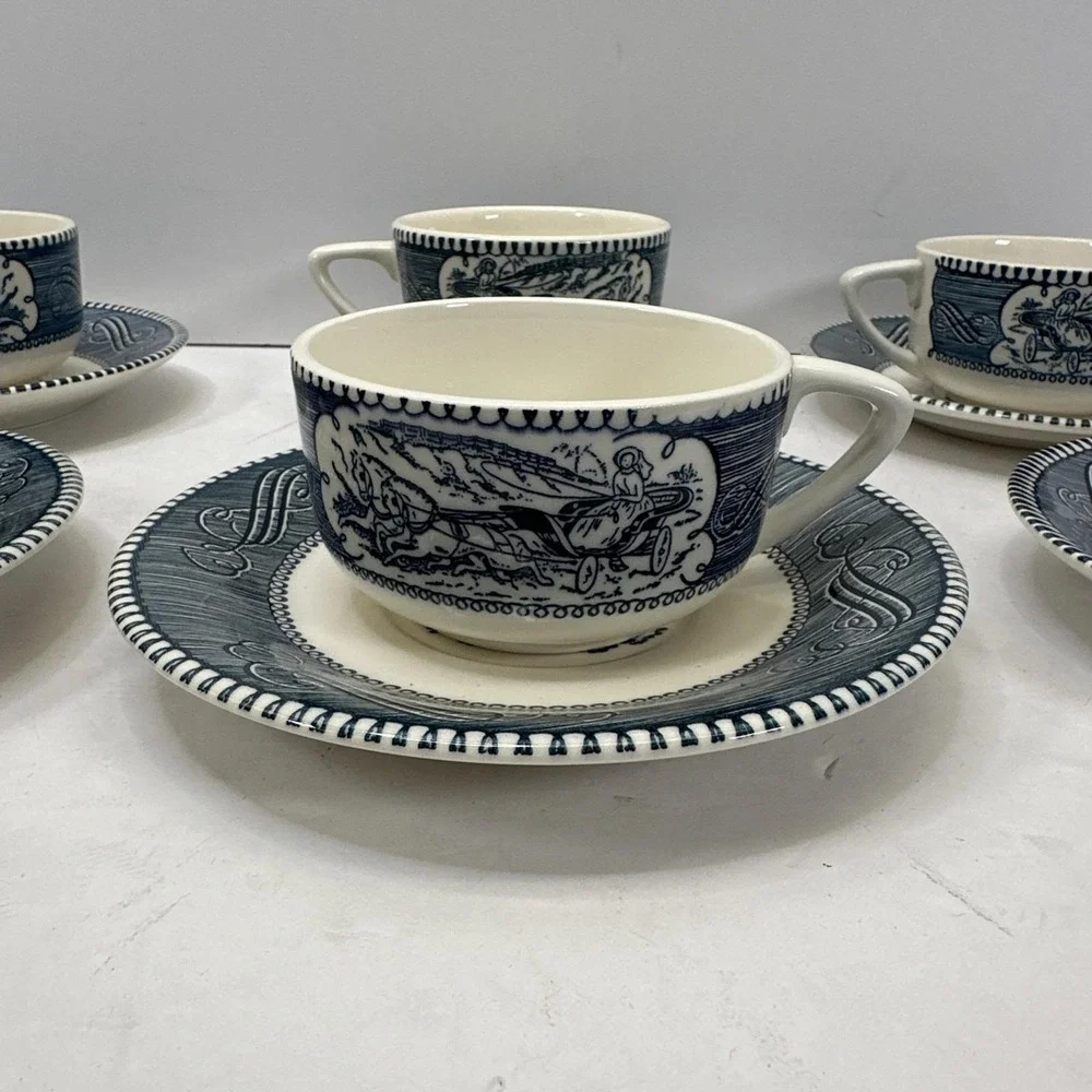 Royal China Currier & Ives 6 Blue & White Tea or Coffee Cups & Saucers Set  Vtg